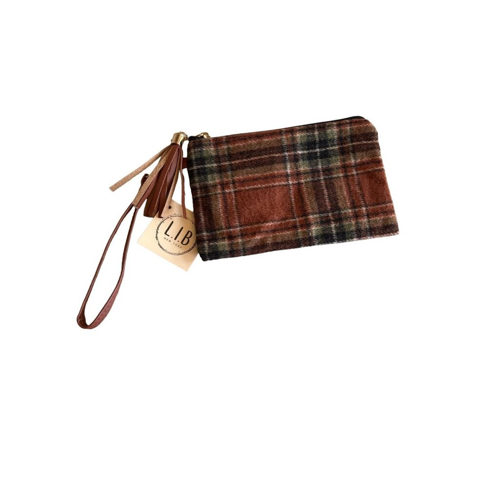 LIB‎ New York Wristlet Brown Plaid Wool Blend Pouch Tassel Detachable Strap NWT